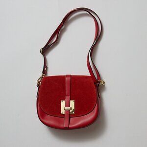 Red Italian Leather Shoulder Bag with Gold Accents
